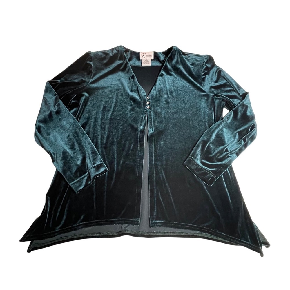 K‎ Studio Teal green Velvet Open Front Cardigan Kimono Top Women's Size 12